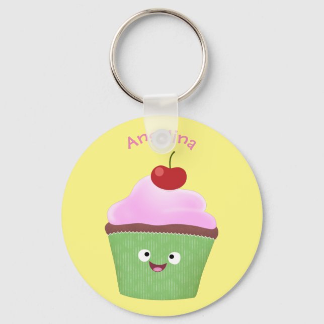 Cute happy cupcake cartoon illustration key ring (Front)
