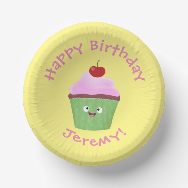 Cute happy cupcake cartoon illustration paper plate (Front)