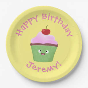 Cute happy cupcake cartoon illustration paper plate