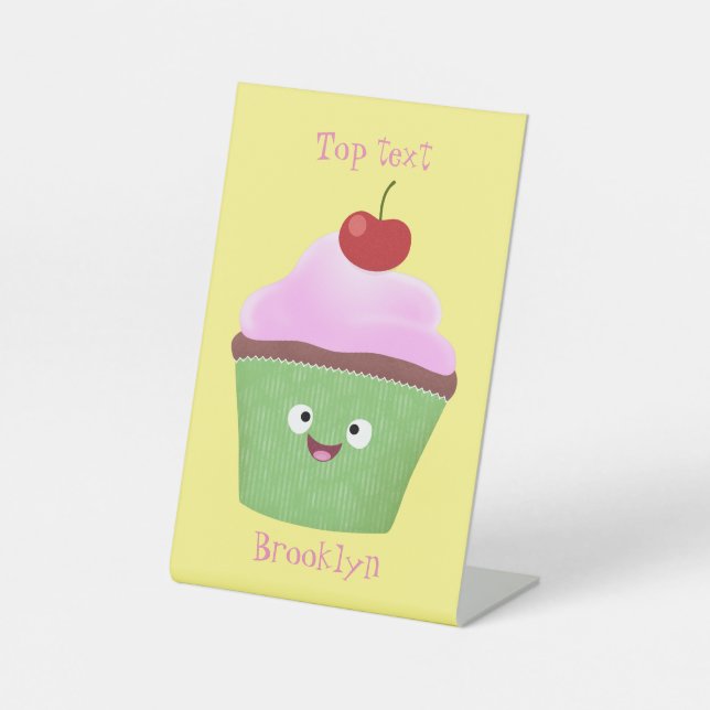 Cute happy cupcake cartoon illustration pedestal sign (Front)
