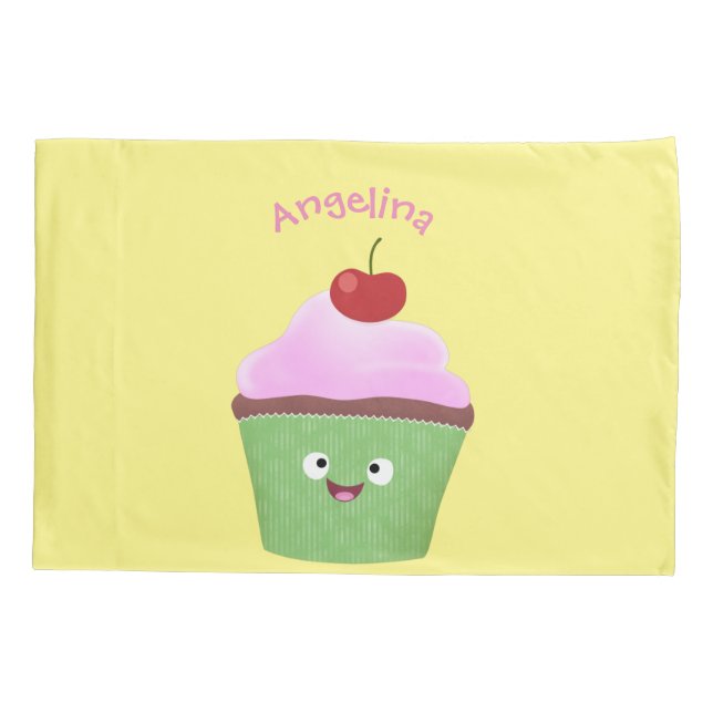 Cute happy cupcake cartoon illustration pillowcase (Back)