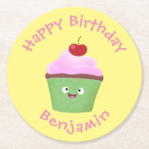 Cute happy cupcake cartoon illustration round paper coaster