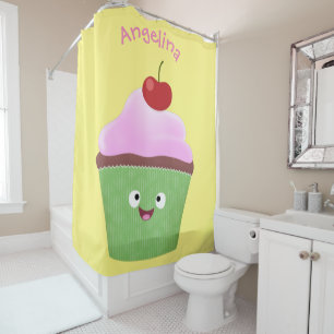Cute happy cupcake cartoon illustration shower curtain