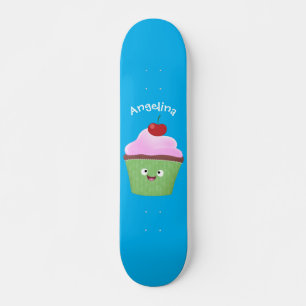 Cute happy cupcake cartoon illustration skateboard