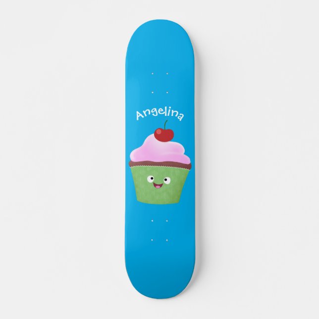 Cute happy cupcake cartoon illustration skateboard (Front)