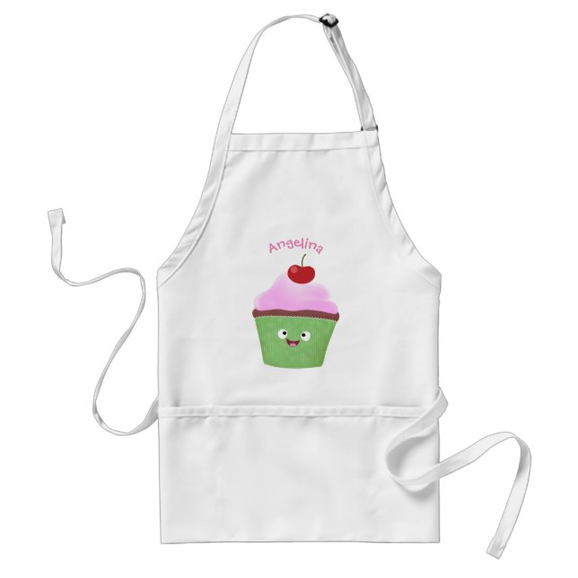 Cute happy cupcake cartoon illustration standard apron (Front)