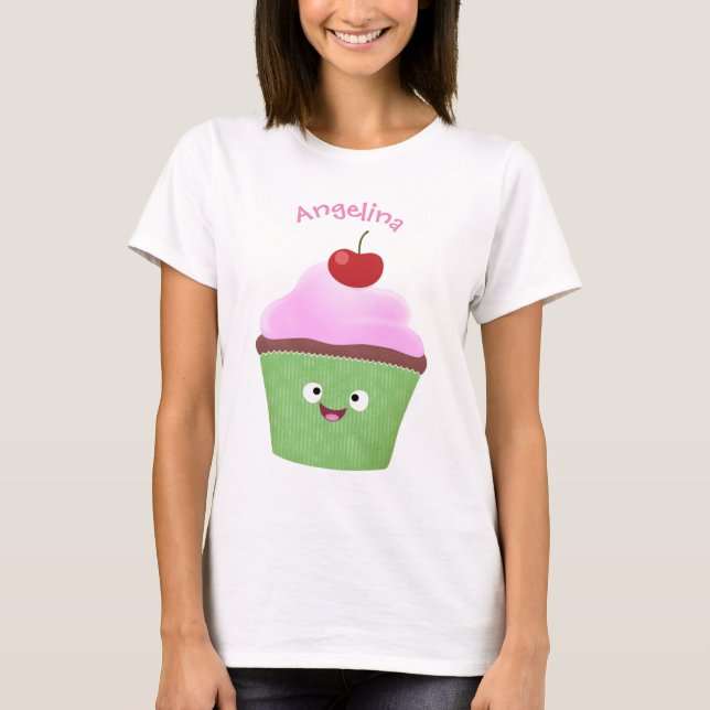 Cute happy cupcake cartoon illustration T-Shirt (Front)