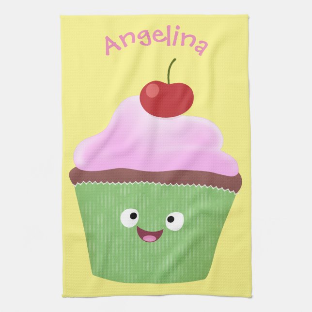Cute happy cupcake cartoon illustration tea towel (Vertical)