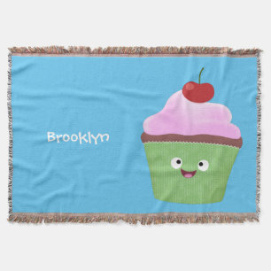 Cute happy cupcake cartoon illustration throw blanket