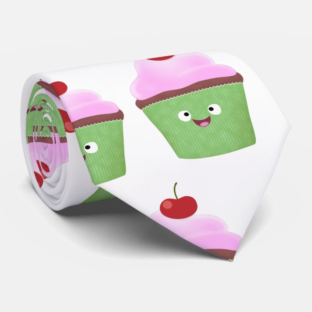 Cute happy cupcake cartoon illustration tie (Rolled)