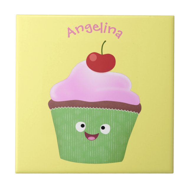 Cute happy cupcake cartoon illustration tile (Front)