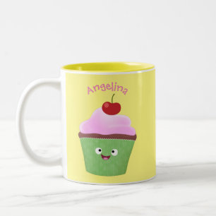 Cute happy cupcake cartoon illustration Two-Tone coffee mug