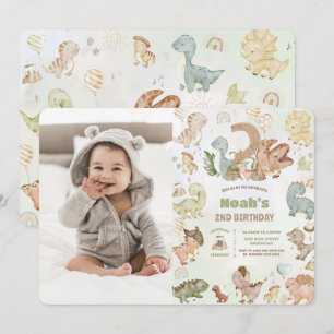 Cute Happy Dinosaurs 2nd Second Birthday Photo Invitation