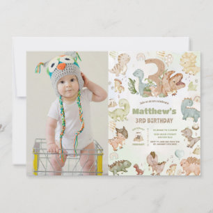 Cute Happy Dinosaurs 3rd Third Birthday Photo Invitation
