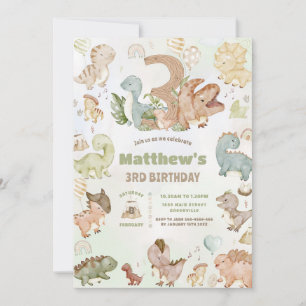 Cute Happy Dinosaurs 3rd Third Birthday Three Invitation