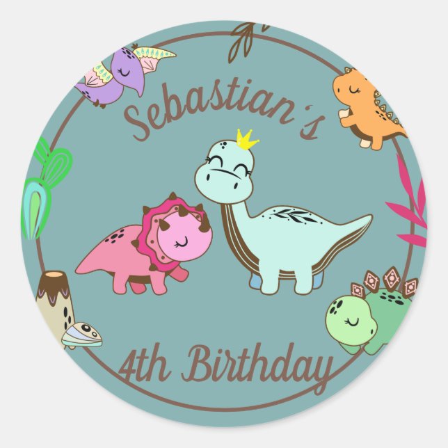 Cute Happy Dinosaurs Birthday Party Classic Round Sticker (Front)