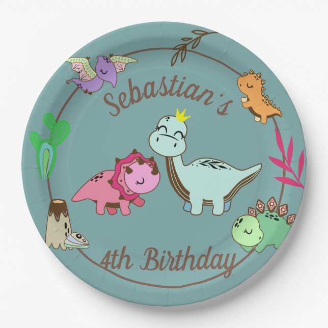 Cute Happy Dinosaurs Birthday Party Paper Plate (Front)