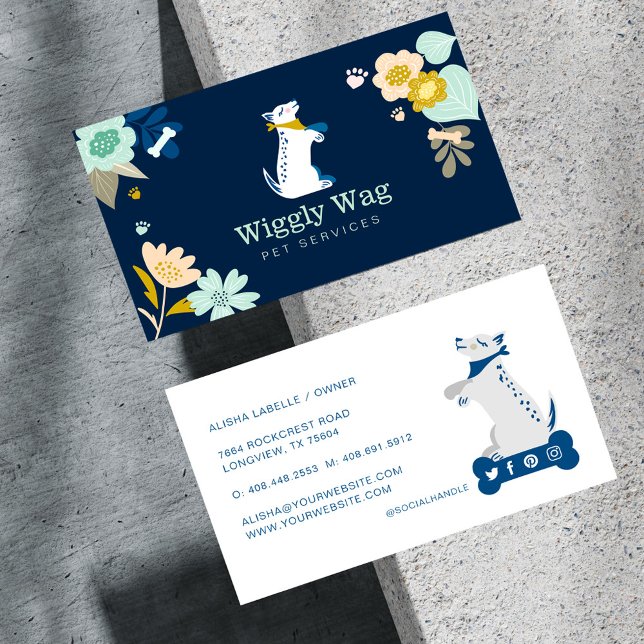 Cute Happy Dog Floral Botanical Navy Pet Services Business Card (Cute Happy Dog Floral Botanical Navy Pet Services Business Card)