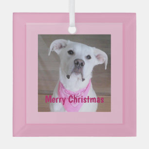 Cute Happy Dog With Soulful Eyes Pink Christmas Glass Tree Decoration