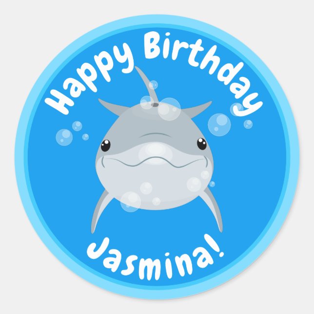 Cute happy dolphin bubbles cartoon illustration classic round sticker (Front)