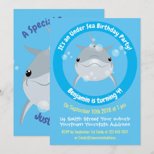 Cute happy dolphin bubbles cartoon illustration invitation