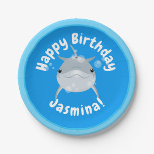 Cute happy dolphin bubbles cartoon illustration paper plate