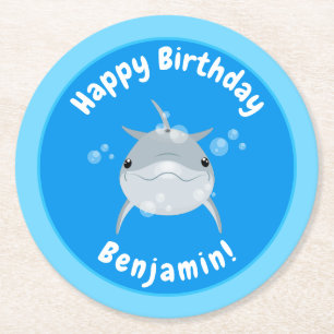 Cute happy dolphin bubbles cartoon illustration round paper coaster
