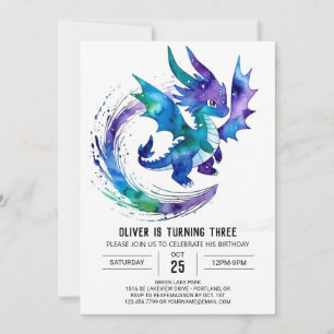 Cute Happy Dragon Digital Boy Birthday Invitation