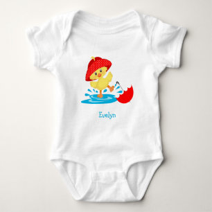 Cute Happy Duck in Rain with First Name Baby Bodysuit