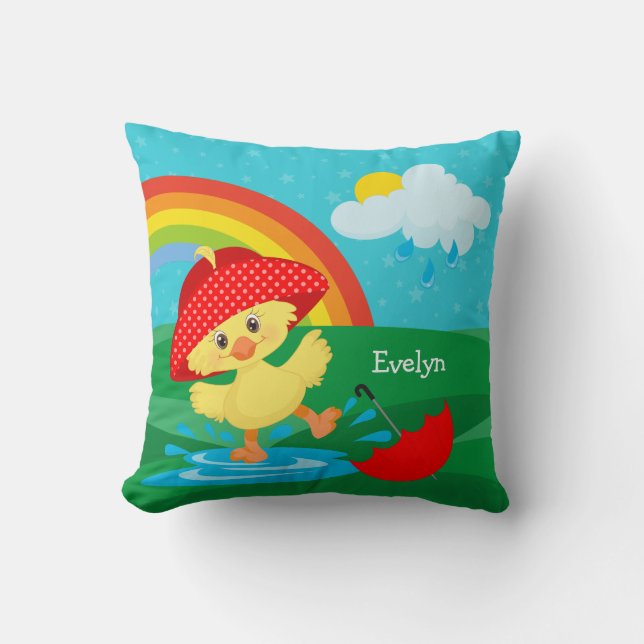 Cute Happy Duck in Rain with Rainbow Cushion (Front)