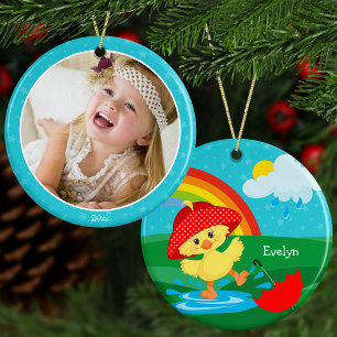 Cute Happy Duck in Rain with Rainbow Custom Photo Ceramic Tree Decoration