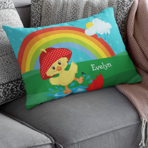 Cute Happy Duck in Rain with Rainbow Decorative Cushion