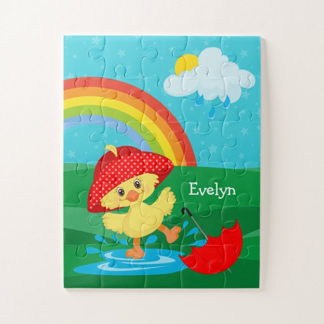 Cute Happy Duck in Rain with Rainbow Jigsaw Puzzle (Vertical)