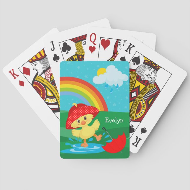Cute Happy Duck in Rain with Rainbow Playing Cards (Back)