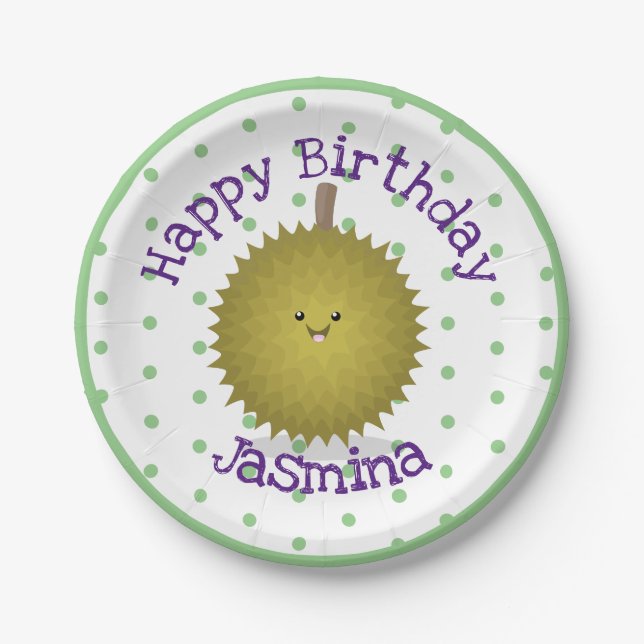 Cute happy durian cartoon illustration paper plate (Front)