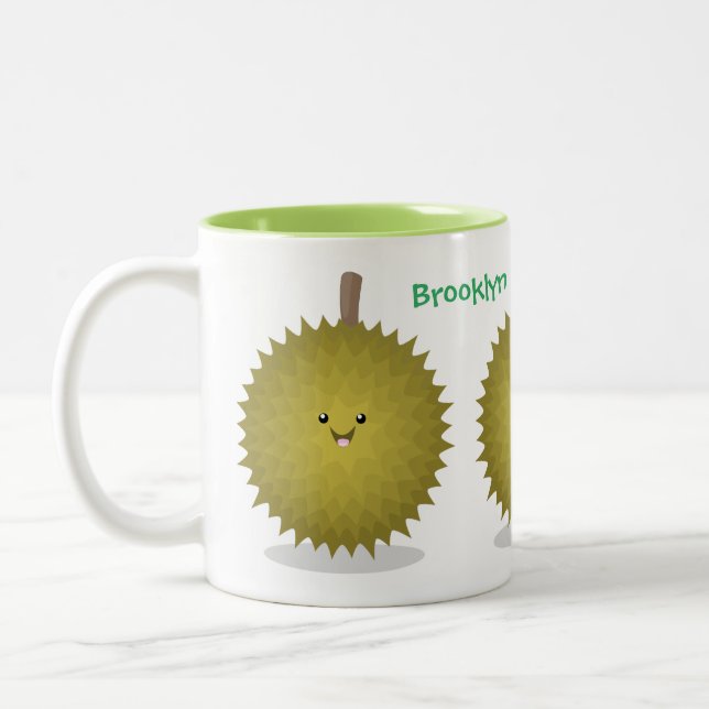 Cute happy durian cartoon illustration Two-Tone coffee mug (Left)