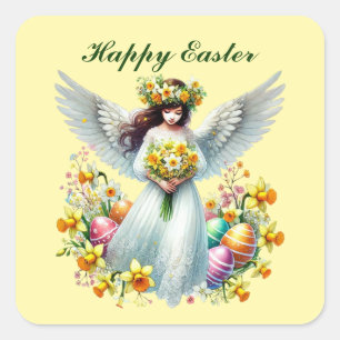 Cute Happy Easter Angel Square Sticker