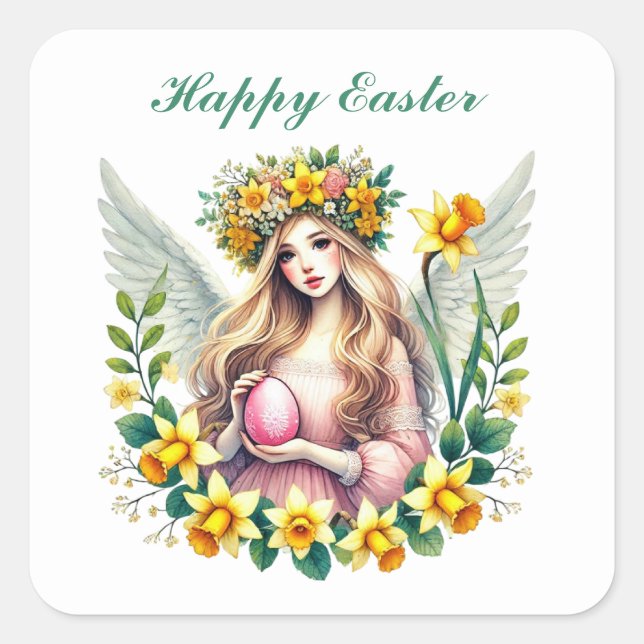 Cute Happy Easter Angel Square Sticker (Front)