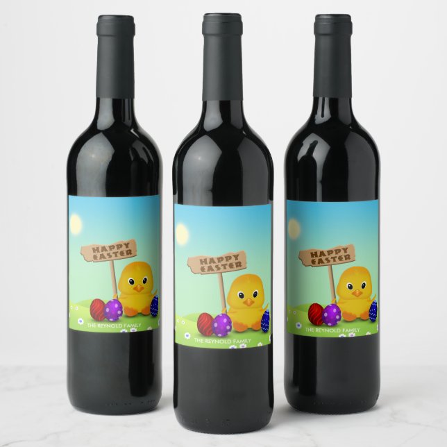 Cute Happy Easter Baby Chick Colourful Eggs Wine Label (Bottles)