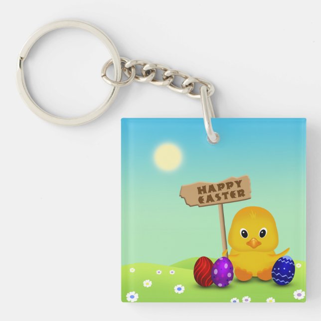 Cute Happy Easter Baby Chick Key Ring (Front)
