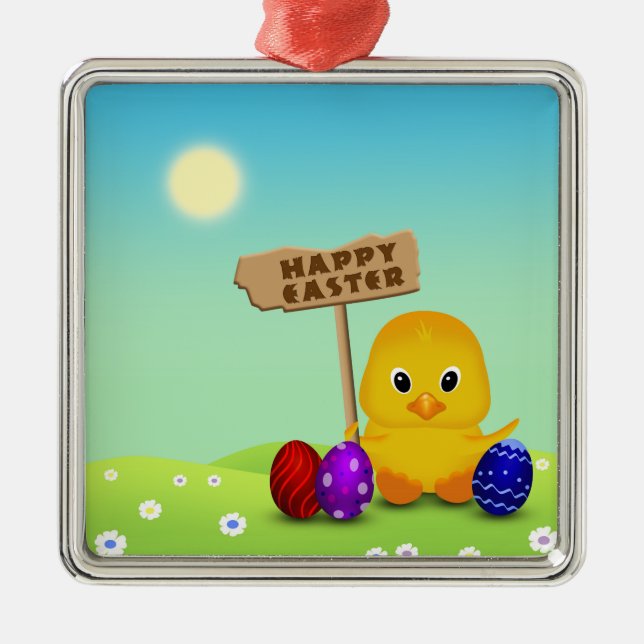 Cute Happy Easter Baby Chick Metal Tree Decoration (Front)