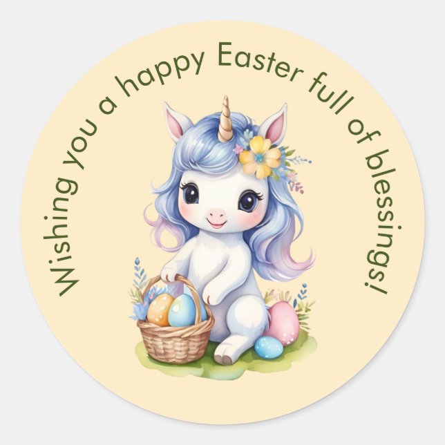 Cute Happy Easter Blessings Unicorn Sticker (Front)