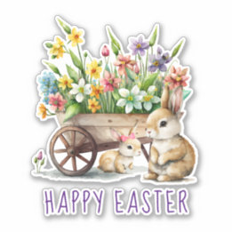 Cute Happy Easter Bunnies and Flowers