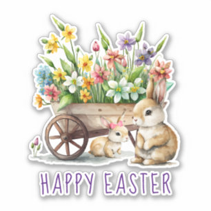 Cute Happy Easter Bunnies and Flowers