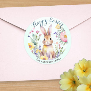 Cute Happy Easter Bunny and Flowers Personalised Classic Round Sticker
