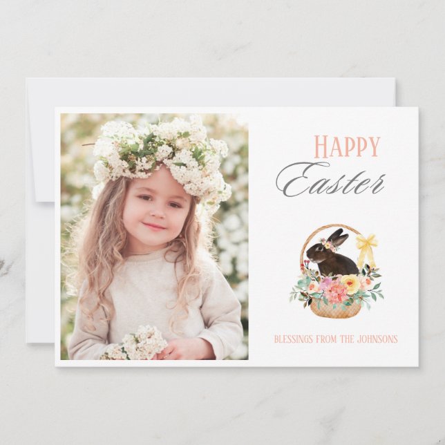 Cute Happy Easter Bunny Basket Photo  Holiday Card (Front)