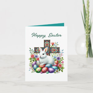 Cute Happy Easter bunny Cross add inside message  Holiday Card