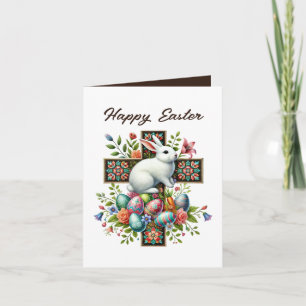 Cute Happy Easter bunny Cross add inside message  Holiday Card