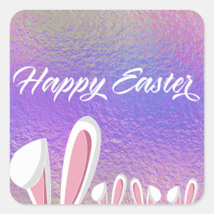 Cute Happy Easter Bunny Ears Iridescent Square Sticker