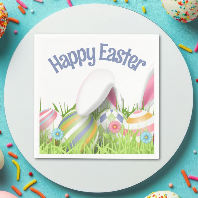 Cute HAPPY EASTER Bunny Ears Modern Coloured Eggs  Napkin (Creator Uploaded)